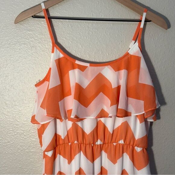 Maxi Sundress Chevron Print Women’s Medium Orange White Spaghetti Straps. - Picture 3 of 12